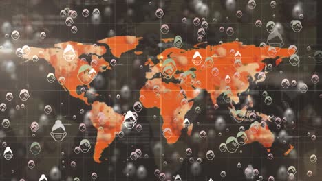 Animation-Von-Krank-Werdenden-Emojis-über-Der-Weltkarte-Auf-Dunklem-Hintergrund