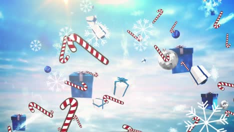 Animation-of-falling-christmas-cane-over-lights-and-snowflakes-on-blue-background