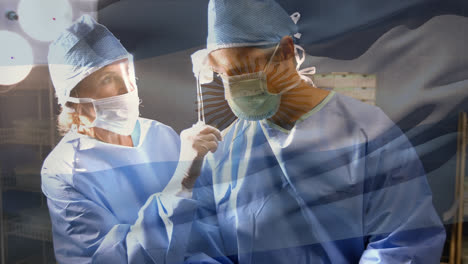 Animation-of-flag-of-argentina-waving-over-surgeon-in-operating-theatre