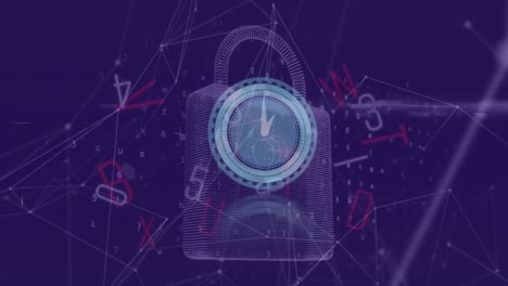 Animation-of-clock-over-network-of-connections-and-padlock-on-purple-background