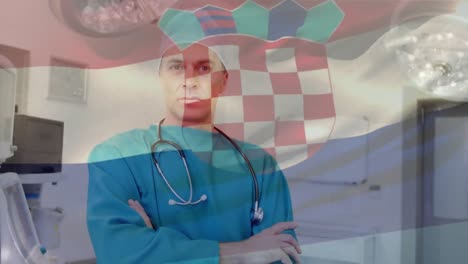 Animation-Der-Flagge-Kroatiens,-Die-über-Dem-Chirurgen-Im-Operationssaal-Weht