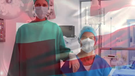Animation-of-flag-of-switzerland-waving-over-surgeons-in-operating-theatre