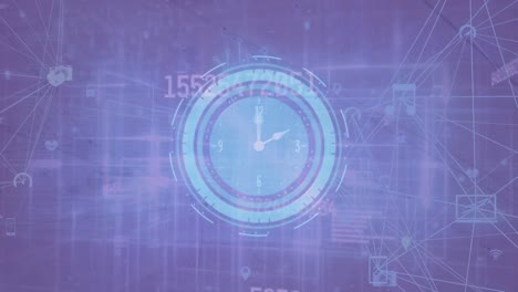 Animation-of-clock-over-data-processing-on-purple-background