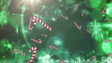Animation-of-falling-christmas-cane-over-lights-and-snowflakes-on-green-background