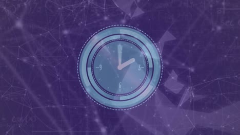 Animation-Der-Uhr-über-Ein-Netzwerk-Von-Verbindungen-Auf-Violettem-Hintergrund