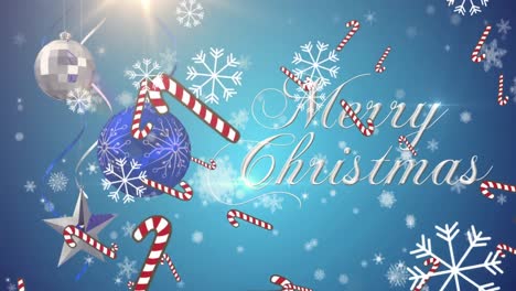 Animation-of-falling-candy-cane-merry-over-christmas-text-on-blue-background