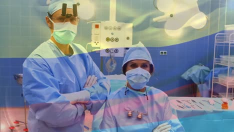 Animation-of-flag-of-russia-waving-over-surgeon-in-operating-theatre