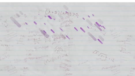 Animation-of-purple-light-trails-over-mathematical-equations-on-ruled-paper-background