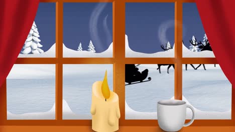 Animation-Des-Weihnachtsmanns-Im-Schlitten-Mit-Rentieren,-Gesehen-Durch-Das-Fenster
