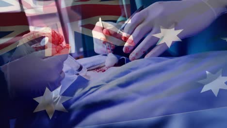 Animation-Der-Flagge-Australiens,-Die-über-Chirurgen-Im-Operationssaal-Weht