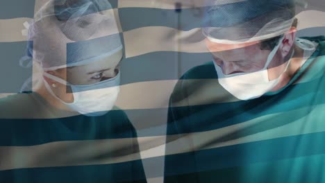 Animation-of-flag-of-greece-waving-over-surgeon-in-operating-theatre