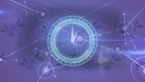 Animation-of-clock-over-network-of-connections-and-flowers-on-purple-background