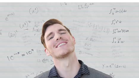 Animation-of-smiling-caucasian-male-teacher-over-mathematical-equations