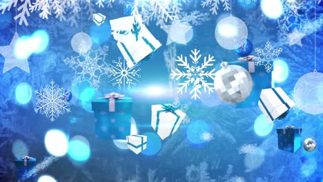 Animation-of-falling-christmas-gifts-over-lights-and-snowflakes-on-blue-background