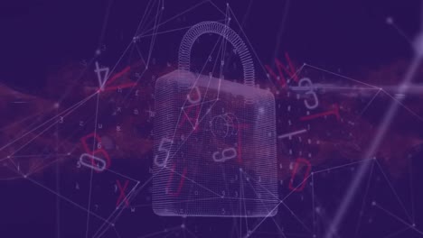 Animation-of-padlock-network-of-connections-on-purple-background