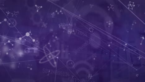Animación-De-La-Red-De-Conexiones-De-Moléculas-En-Movimiento-Sobre-Fondo-Púrpura