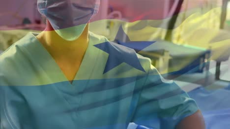 Animation-of-flag-of-ghana-waving-over-female-surgeon-in-operating-theatre