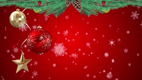 Animation-of-snow-falling-over-christmas-decoration-on-red-background
