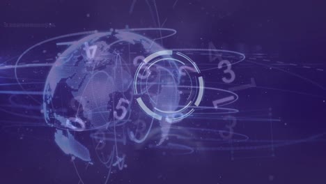Animation-of-clock-and-globe-over-data-processing-on-purple-background