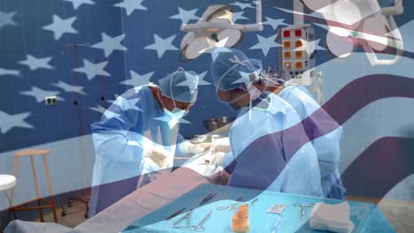Animation-Der-Flagge-Der-USA,-Die-über-Dem-Chirurgen-Im-Operationssaal-Weht