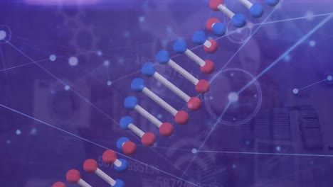 Animation-of-dna-strand-spinning-and-data-processing-on-purple-background