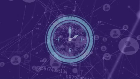Animation-Der-Uhr-über-Der-Datenverarbeitung-Auf-Violettem-Hintergrund