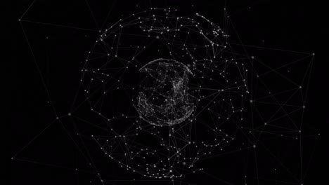 Animation-of-globe-with-network-of-connections-with-glowing-spots-on-black-background