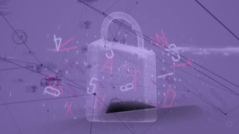 Animation-of-padlock-over-network-of-connections-on-purple-background