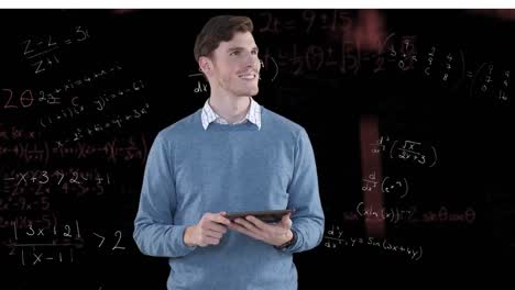 Animation-of-caucasian-male-teacher-using-tablet-over-mathematical-equations