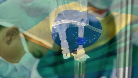 Animation-of-flag-of-brazil-waving-over-surgeons-in-operating-theatre