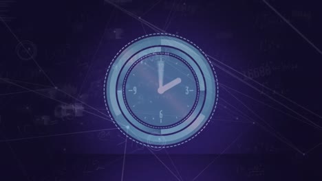 Animation-of-clock-over-data-processing-on-purple-background