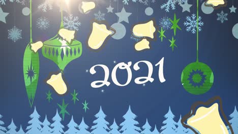 Animation-Des-Textes-2021-Mit-Weihnachtsdekorationen-Und-Schnee,-Der-Auf-Blauen-Hintergrund-Fällt