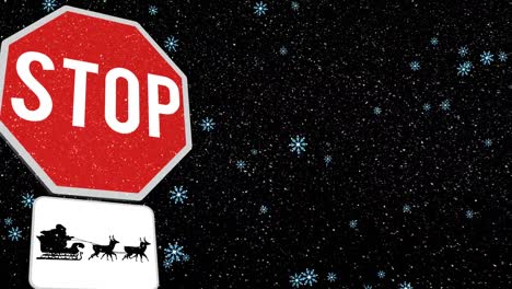 Animation-of-snow-falling-over-stop-sign-with-santa-sleigh-on-dark-background