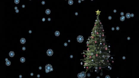 Animation-Von-Schnee,-Der-über-Den-Weihnachtsbaum-Auf-Dunklem-Hintergrund-Fällt