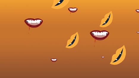 Animation-of-falling-vampire-mouths-on-orange-background
