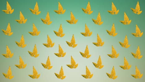Animation-of-rows-of-autumn-yellow-leaves-on-green-background