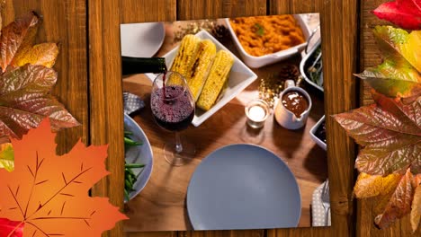 Animation-of-thanksgiving-meal-over-autumn-leaves-of-wooden-surface