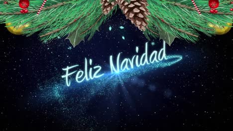 Animation-of-feliz-navidad-text-with-snow-falling-over-christmas-decoration-on-blue-background