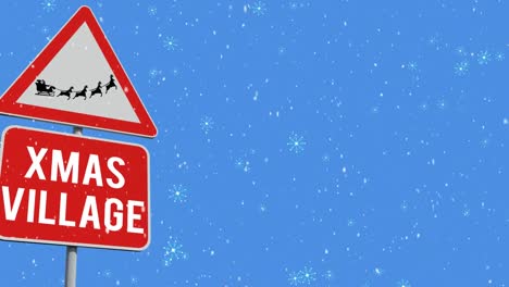 Animation-of-snow-falling-over-christmas-road-sign-on-blue-background