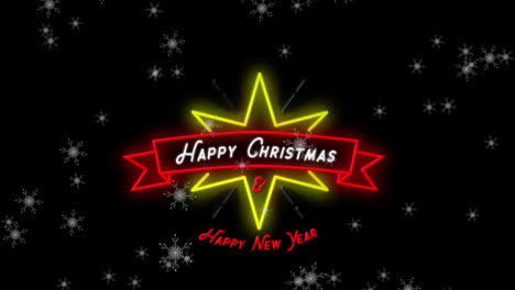 Animation-of-neon-with-christmas-greetings-over-snow-on-black-background