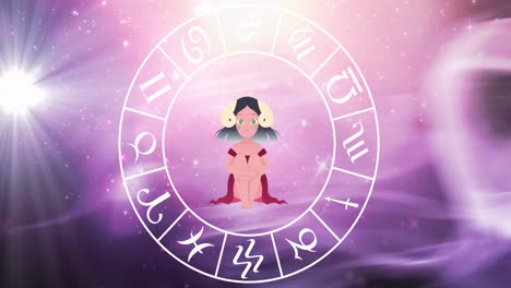 Animation-of-aries-star-sign-with-horoscope-wheel-spinning-over-stars-on-blue-to-purple-background