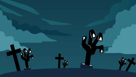 Animation-of-zombie-hand-out-of-ground-in-cemetery
