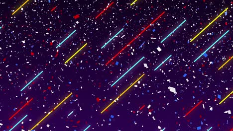 Animation-of-confetti-falling-over-colourful-stripes-on-blue-background