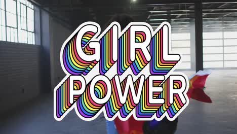 Animation-of-girl-power-text-over-woman-holding-rainbow-flag