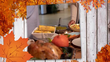 Animation-of-turkey-and-thanksgiving-meal-over-autumn-leaves-of-wooden-surface