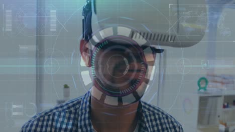 Animation-of-scope-scanning-and-data-processing-over-man-wearing-vr-headset