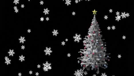 Animation-Von-Schnee,-Der-über-Den-Weihnachtsbaum-Auf-Dunklem-Hintergrund-Fällt