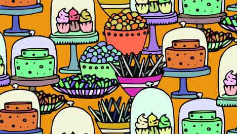 Animation-Von-Halloween-Süßigkeiten-Und-Kuchen-Auf-Orangefarbenem-Hintergrund
