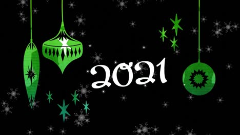 Animation-of-2021-with-snow-falling-and-green-christmas-decorations-on-black-background