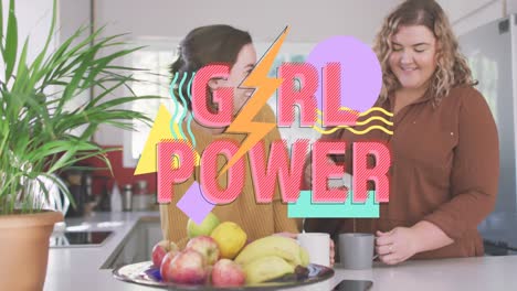 Animation-of-girl-power-text-over-two-woman-making-coffee